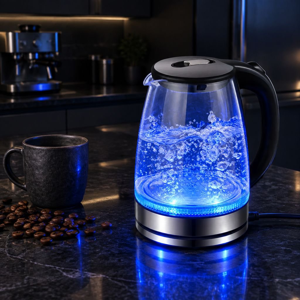 Electric kettle pouring hot water into a cup