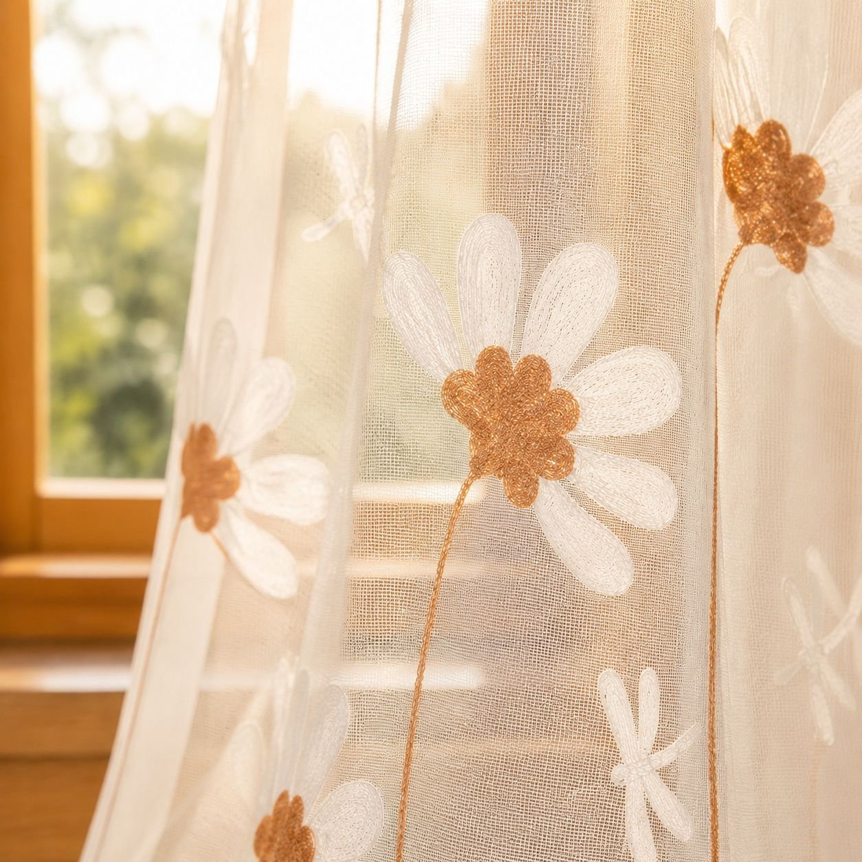 Detailansicht der feinen Chrysanthemenstickerei auf dem Vorhang