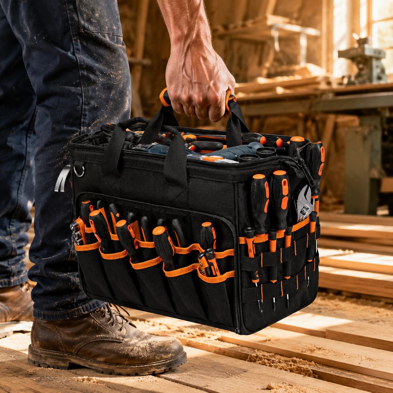 17-inch Heavy Duty Electrician Bag for Men, Foldable Wide-Mouth Storage Bag with Adjustable Shoulder
