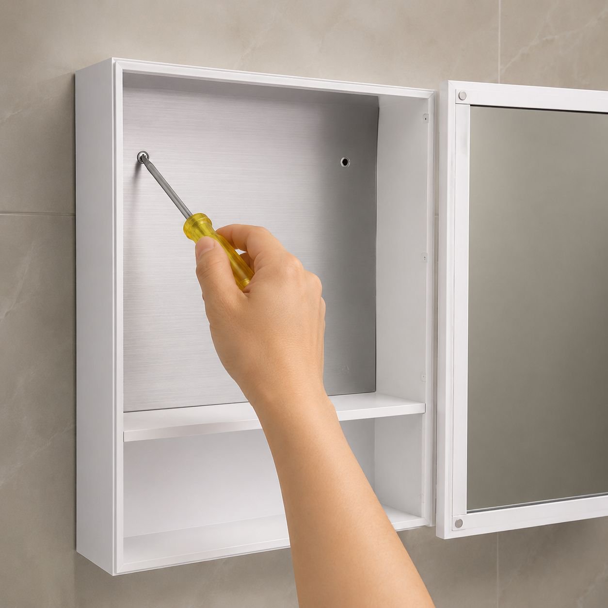 Front view of wall mounted bathroom mirror cabinet with open door