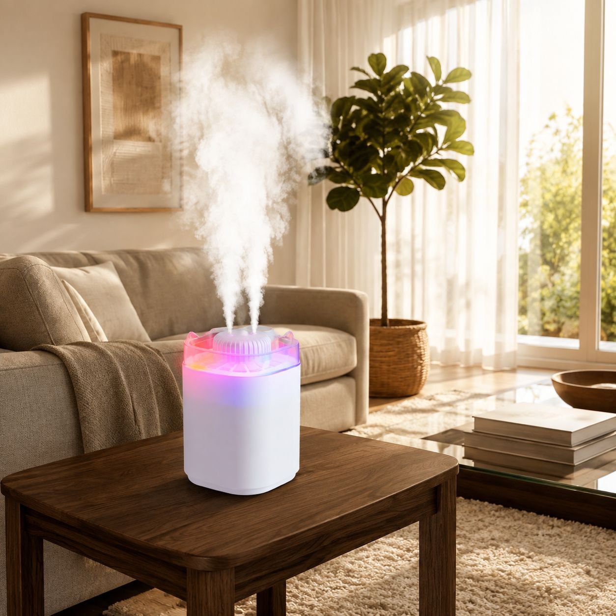 Large capacity humidifier with three nozzles and colorful lamp