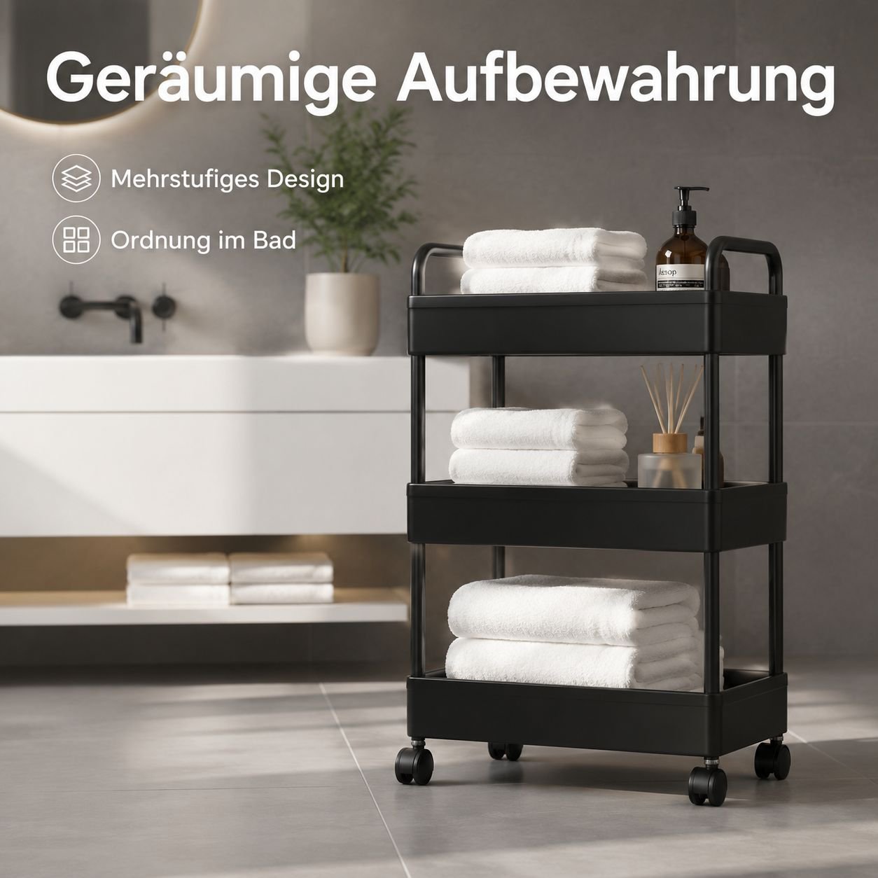 Mehrstöckiges Aufbewahrungsregal mit Trolleyfunktion für Zuhause