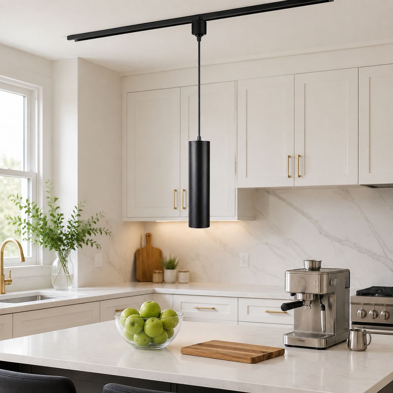 Modern Nordic style chandelier in restaurant kitchen