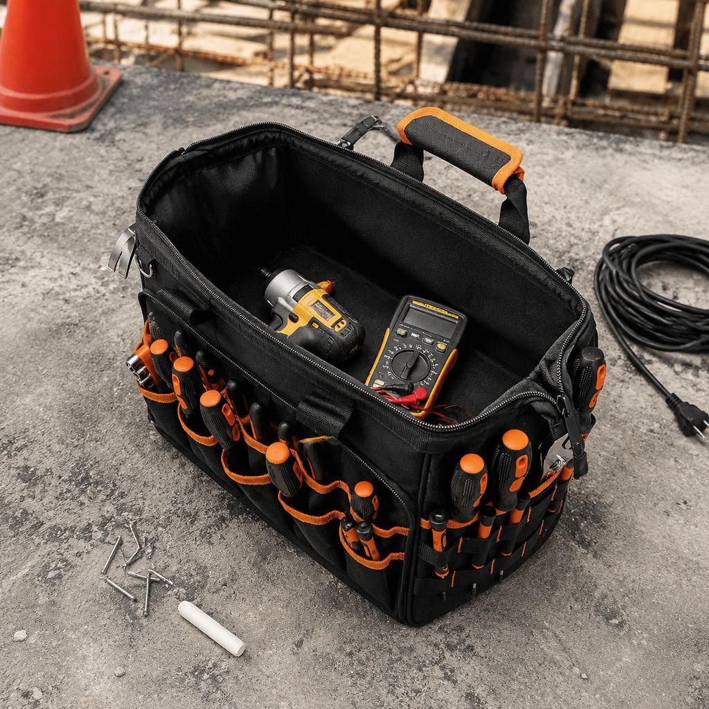 17-inch Heavy Duty Electrician Bag for Men, Foldable Wide-Mouth Storage Bag with Adjustable Shoulder