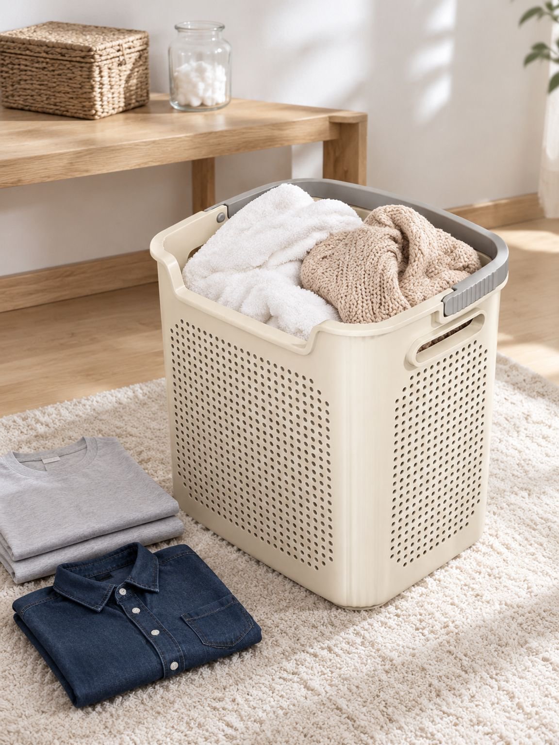 Corbeille à linge sale blanc crème