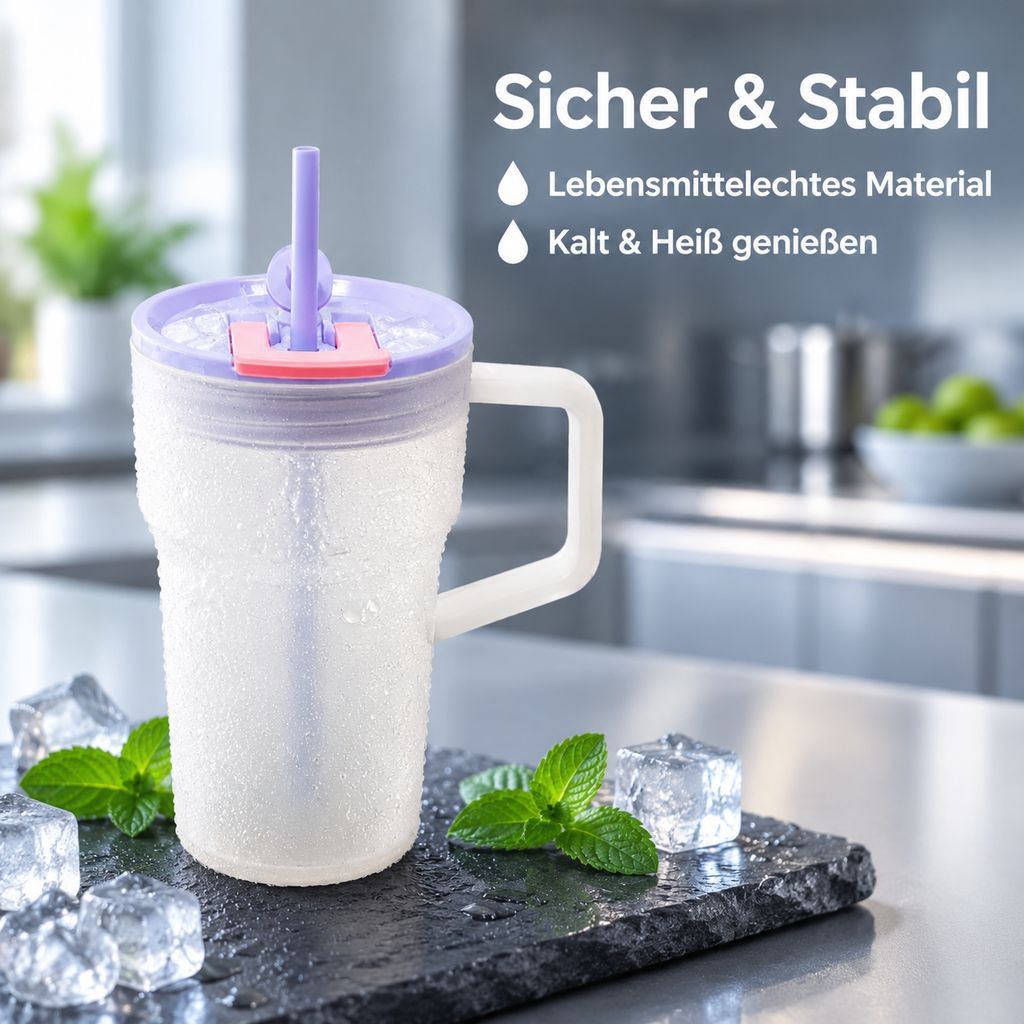 Stylischer Becher mit zwei Trinköffnungen und Strohhalm