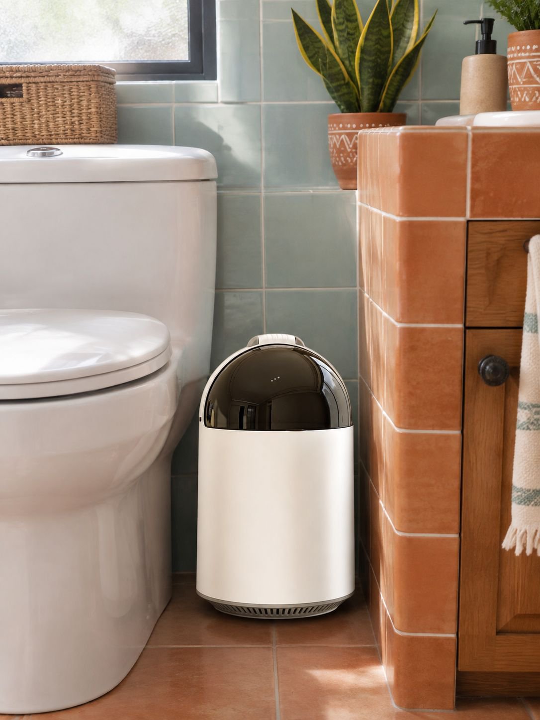 Cubo de basura doméstico con tecnología inteligente para el hogar.