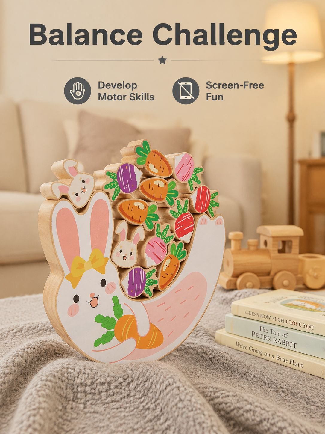 Children's Rabbit Balance Stacking Wooden Blocks Stacking Game, Educational Board Game for Babies an