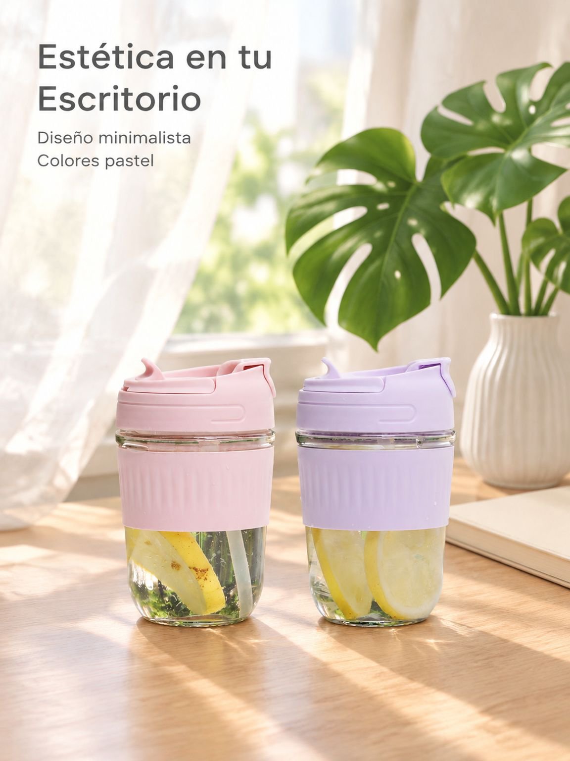 Vaso de vidrio de gran capacidad con pajitas dobles