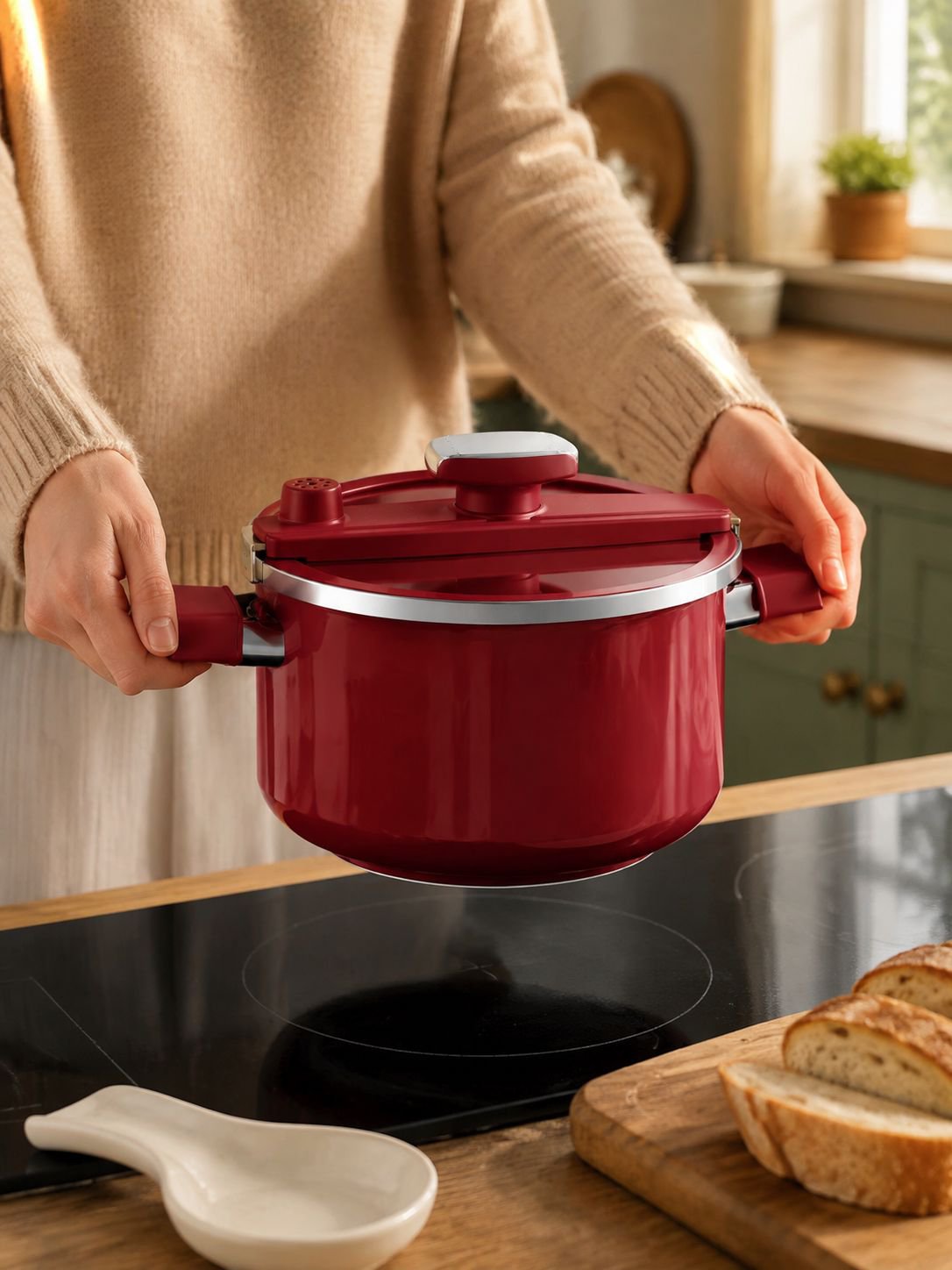 Pressure cooker in action, cooking healthy vegetables