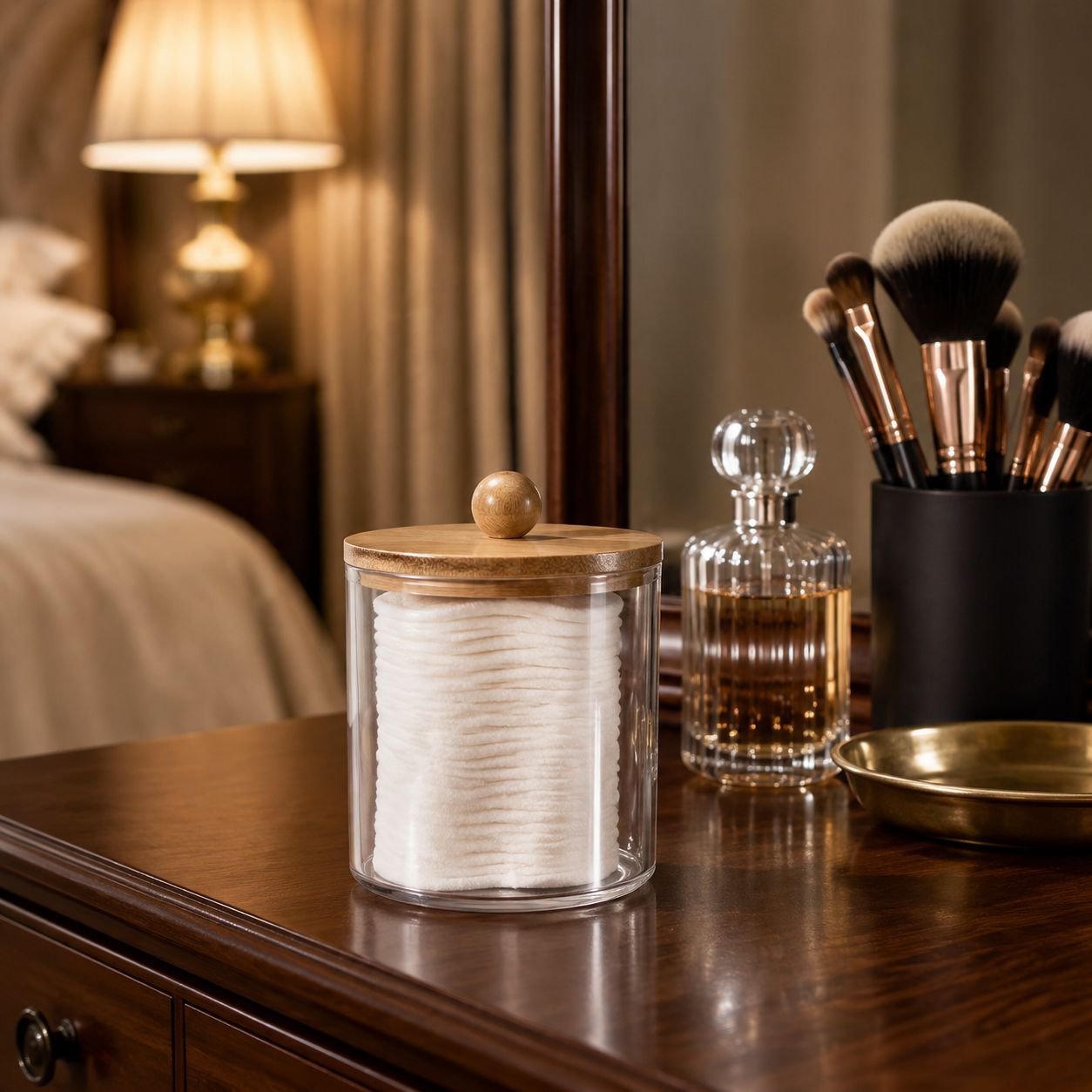 Acrylic cotton puff box in modern bathroom setting