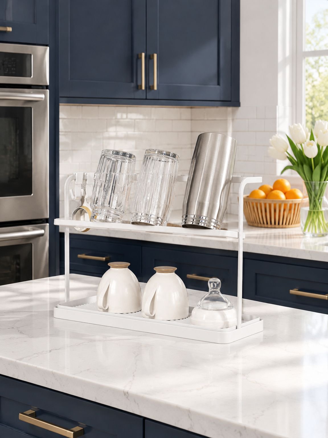 Modern two-tier cup drying rack for home kitchen use