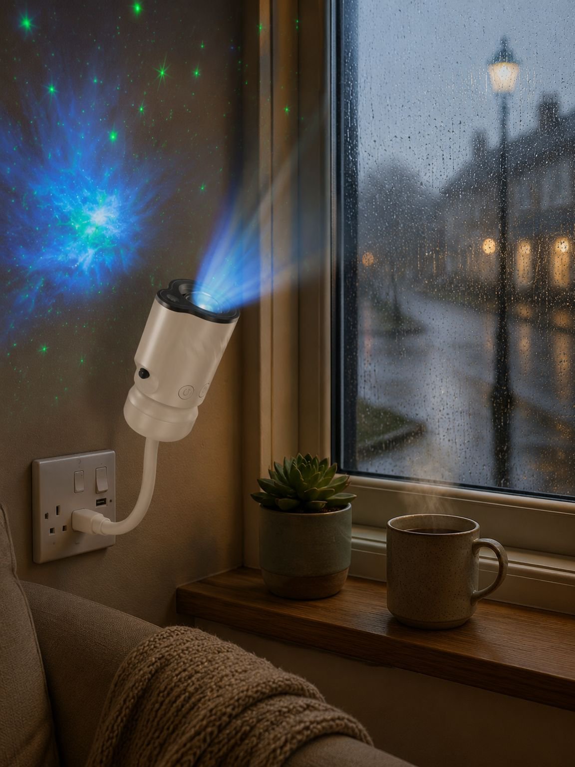 Portable USB projector creating starlit atmosphere at home