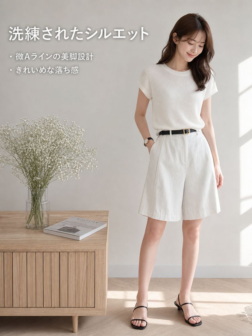 夏用スリムストレートリネン混紡レディースショートパンツ