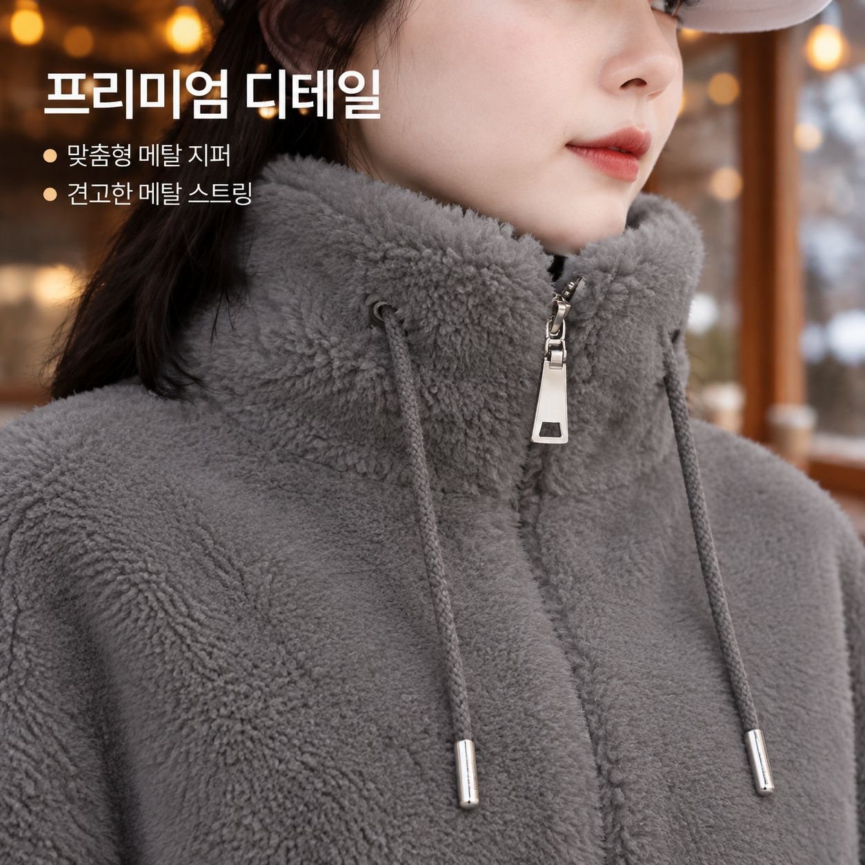 양면 플리스 및 도톰한 안감 적용 여성용 보온 스탠드 칼라 재킷