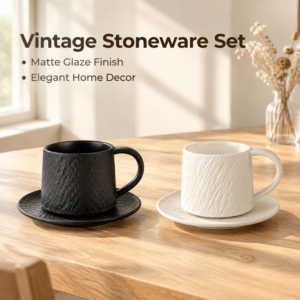 Premium vintage-style stoneware coffee cup and saucer set