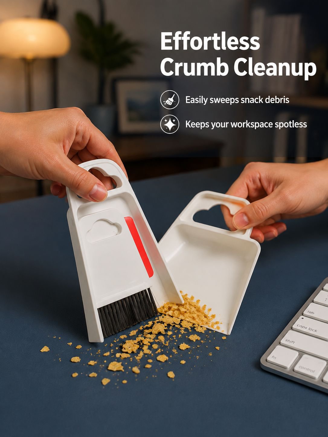Close-up of mini broom bristles sweeping crumbs