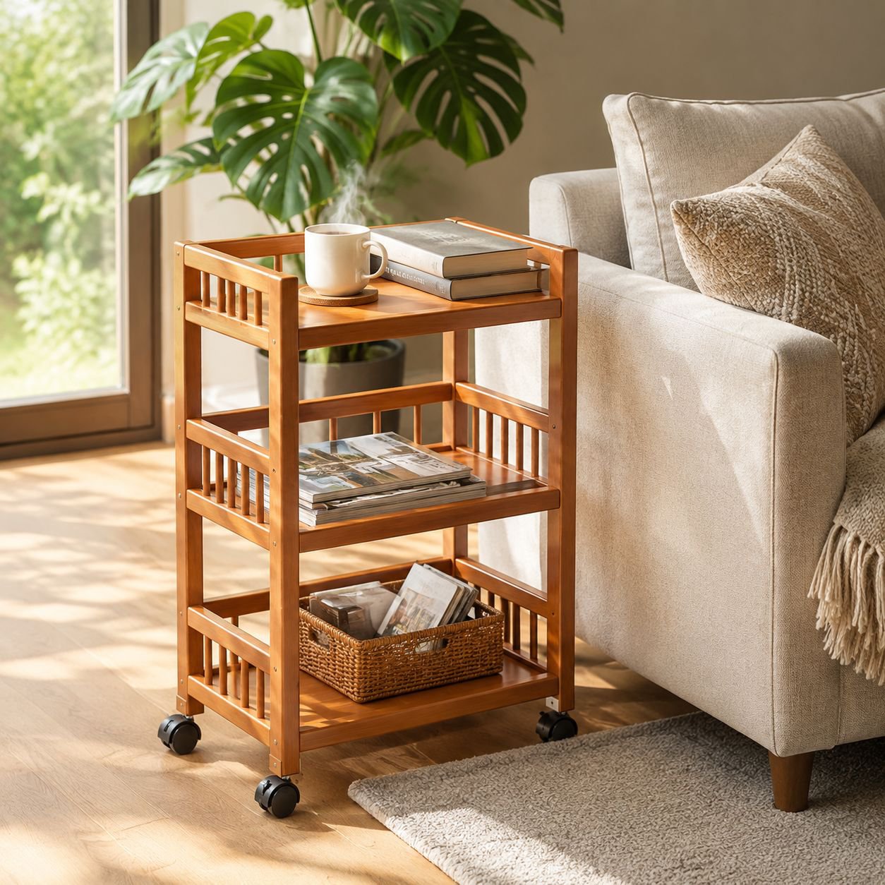 Household movable storage rack trolley living room simple sofa side table snack rack solid wood tea 