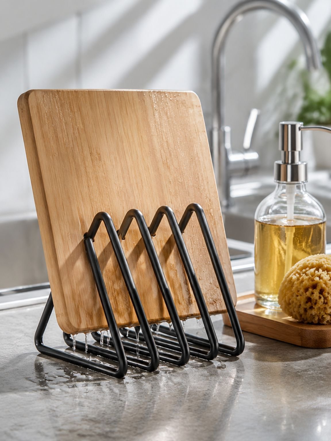 Vertical kitchen organizer rack for cutting boards and baking trays