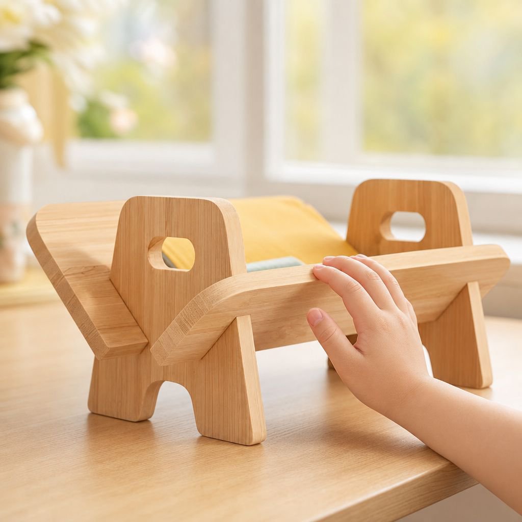 Side view of simple wood desktop organizer
