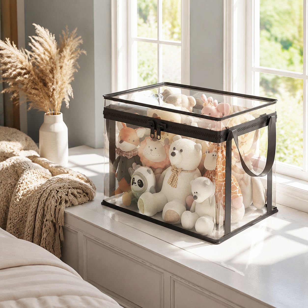 Household transparent toy storage box with lid, plush toy basket, building block and snack organizer