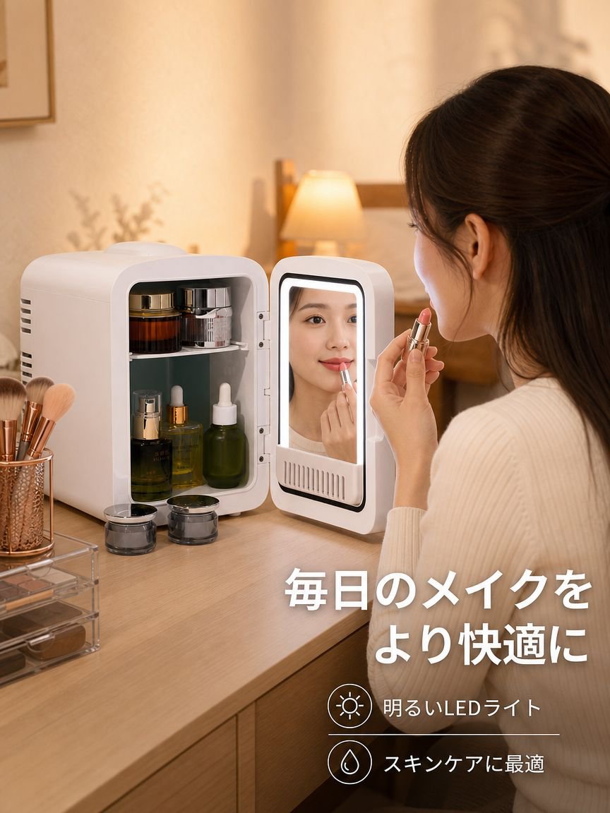 化粧鏡付きの小型冷蔵庫。車内でも家庭でも使用可能。
