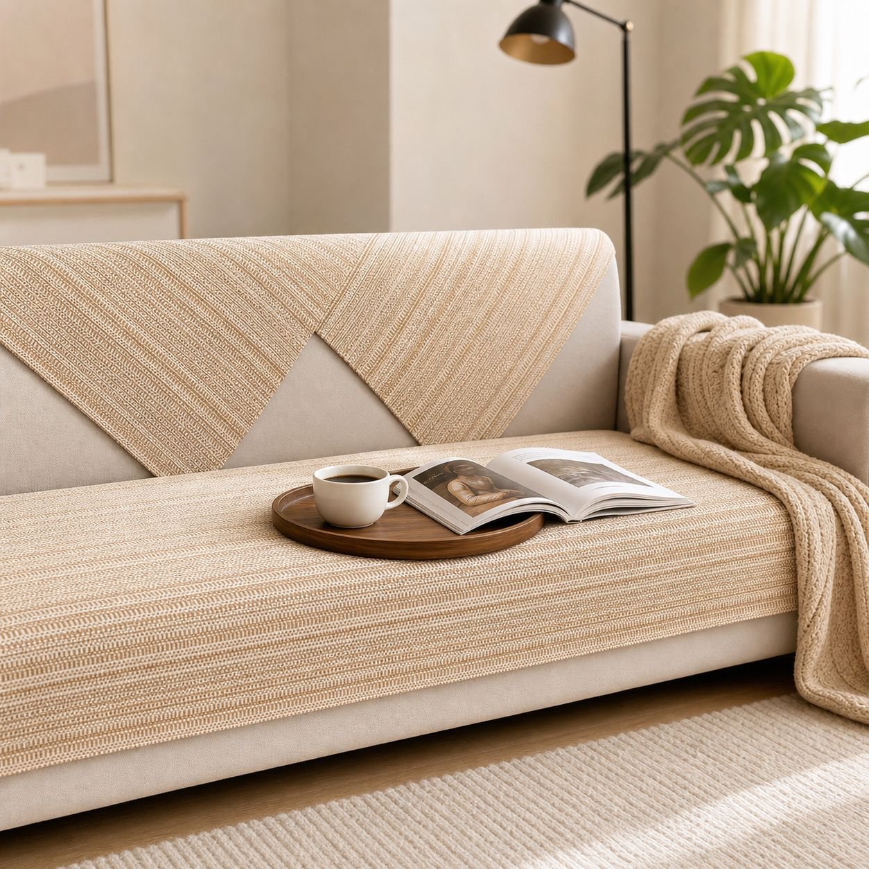 Stylish cotton linen sofa slipcover close-up texture