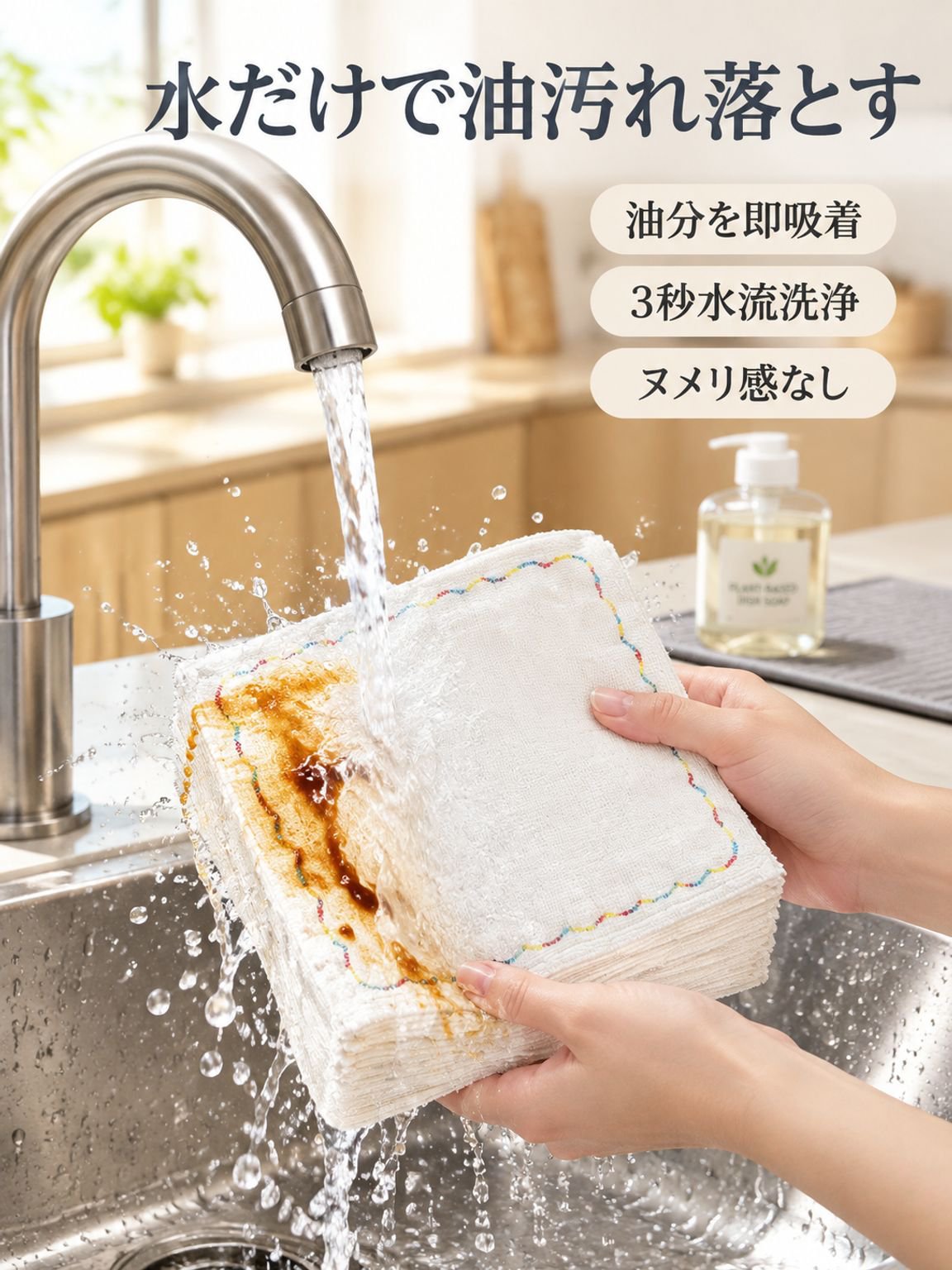 厚手12層コットンふきん レインボー柄の油汚れがつきにくい食器洗いクロス