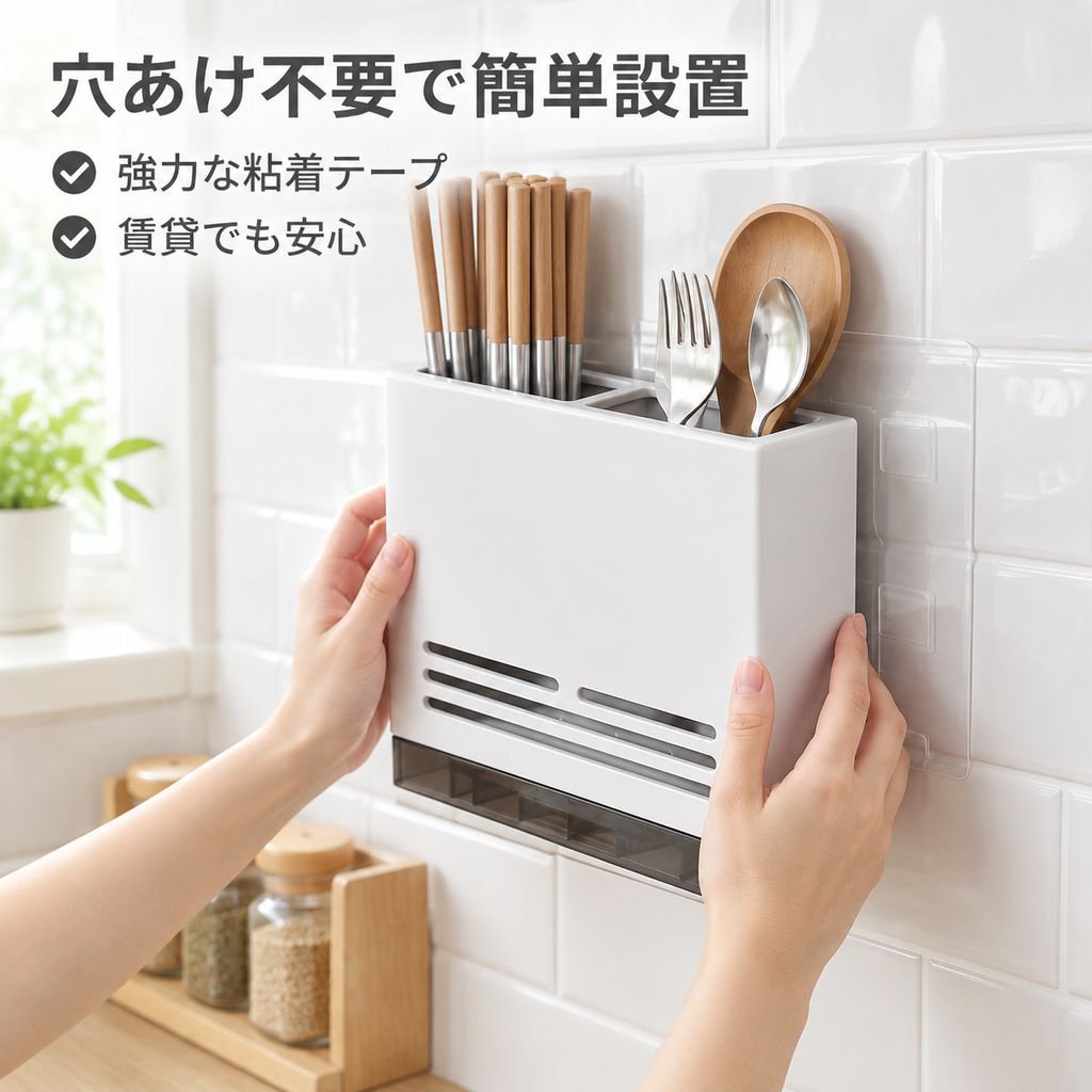穴あけ不要の壁掛け式包丁・箸ラック