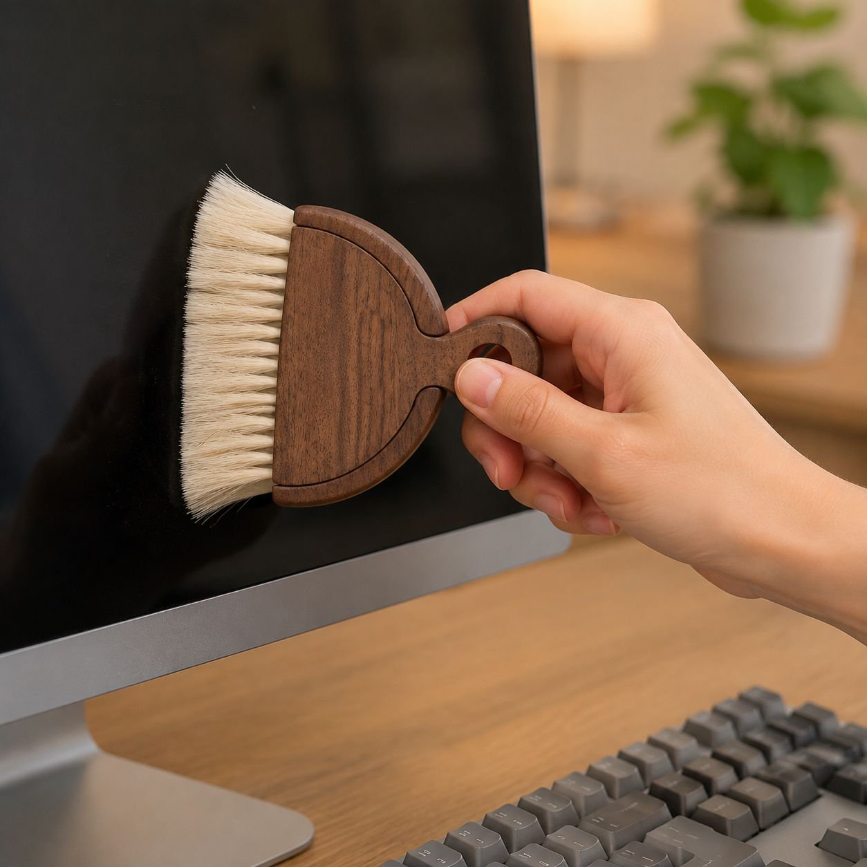 Natural horsehair bristles sweeping dust into dustpan