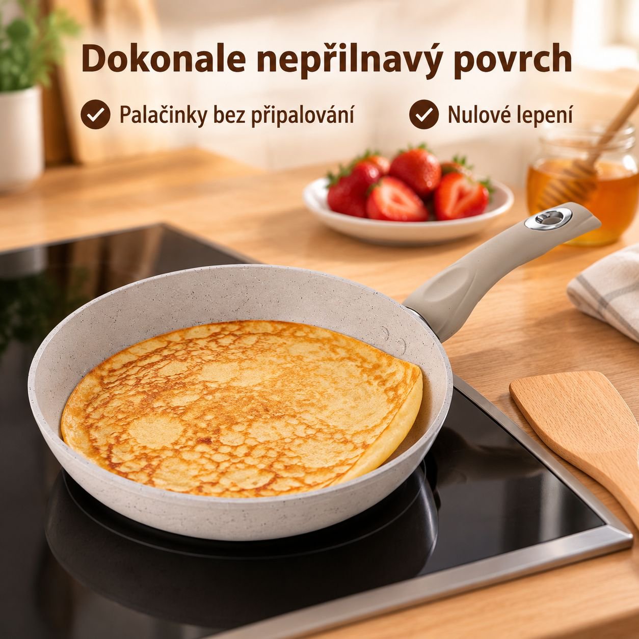 Nepřilnavá kameninová pánev na steaky a palačinky, zesílená pro indukci a plyn