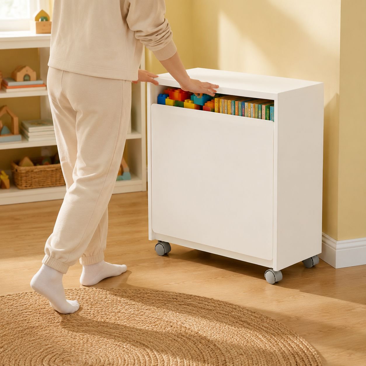 Close-up of toy storage box wheels