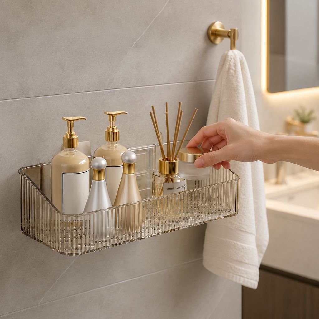 Side view of bathroom caddy with water-draining design