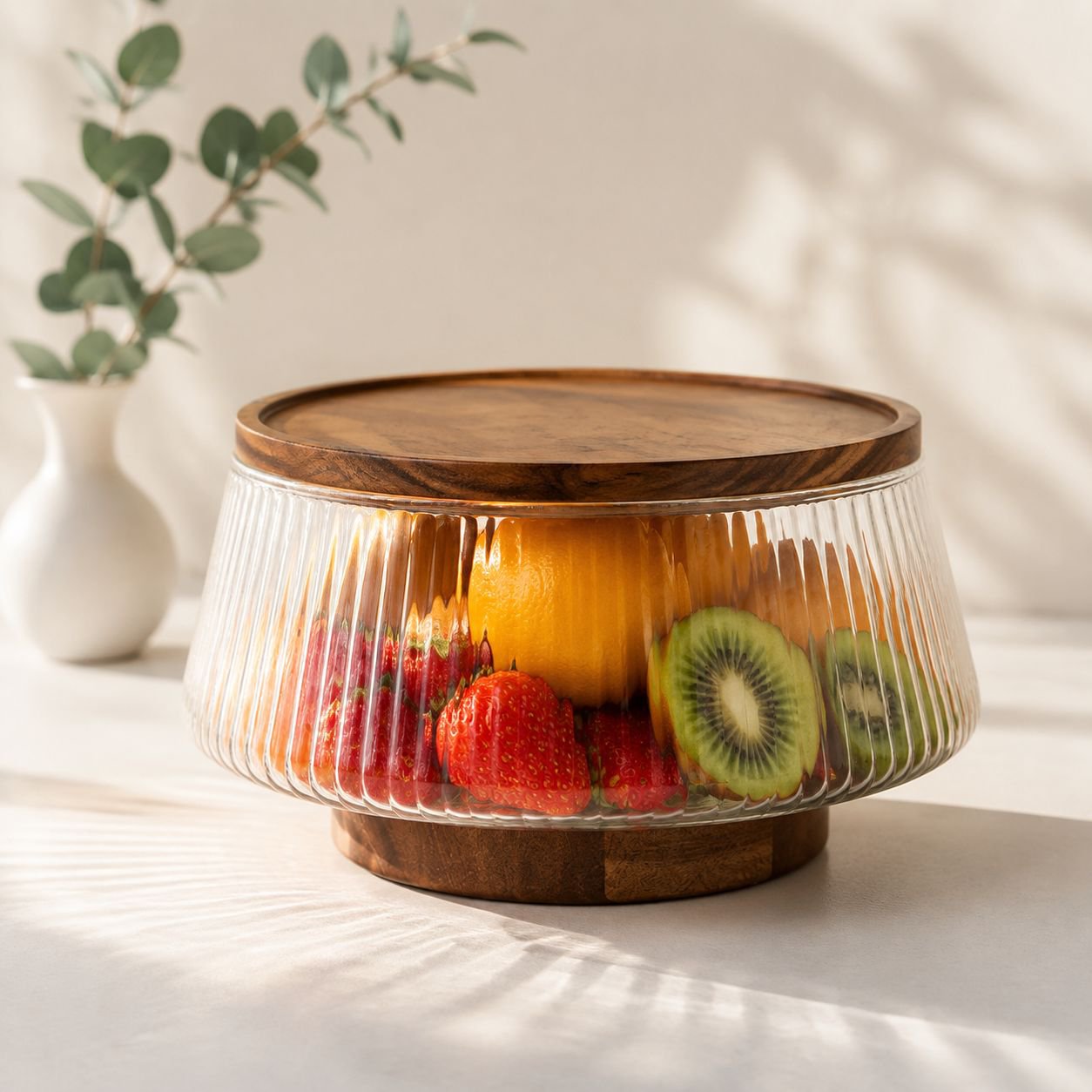 Plato de frutas multifuncional de vidrio a rayas con tenedores
