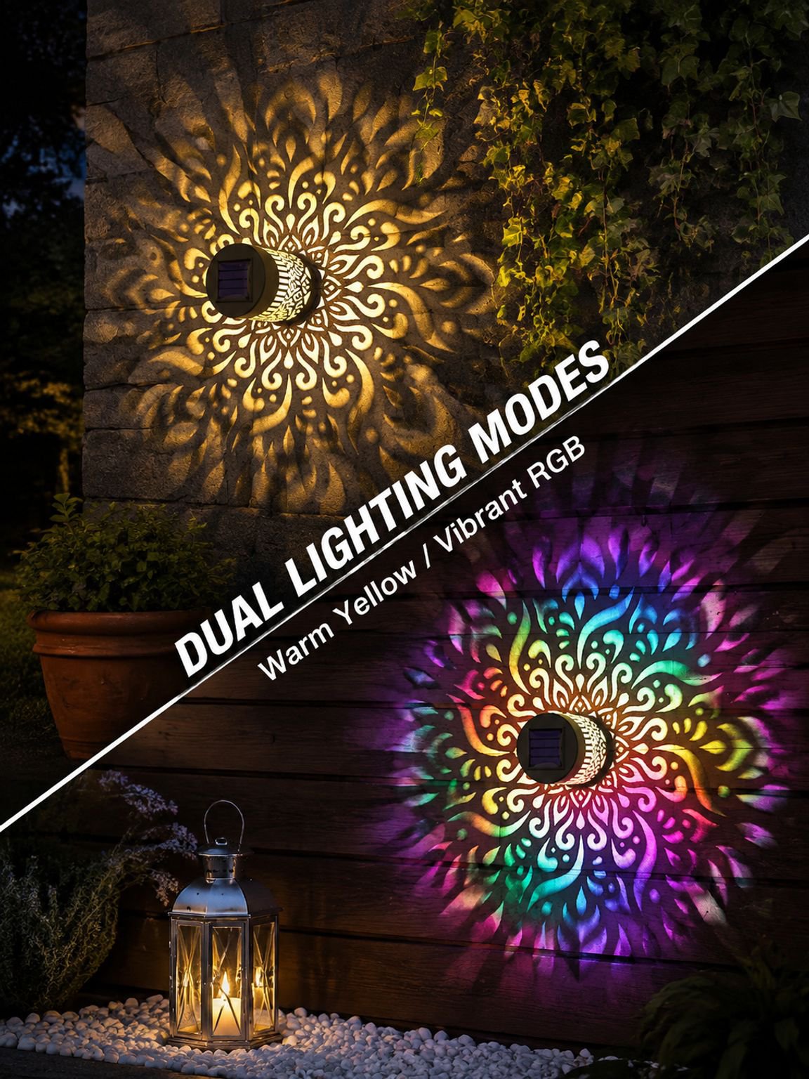Solar-powered outdoor wall lamp, waterproof, focusing, mandala pattern, sensor-activated, courtyard 