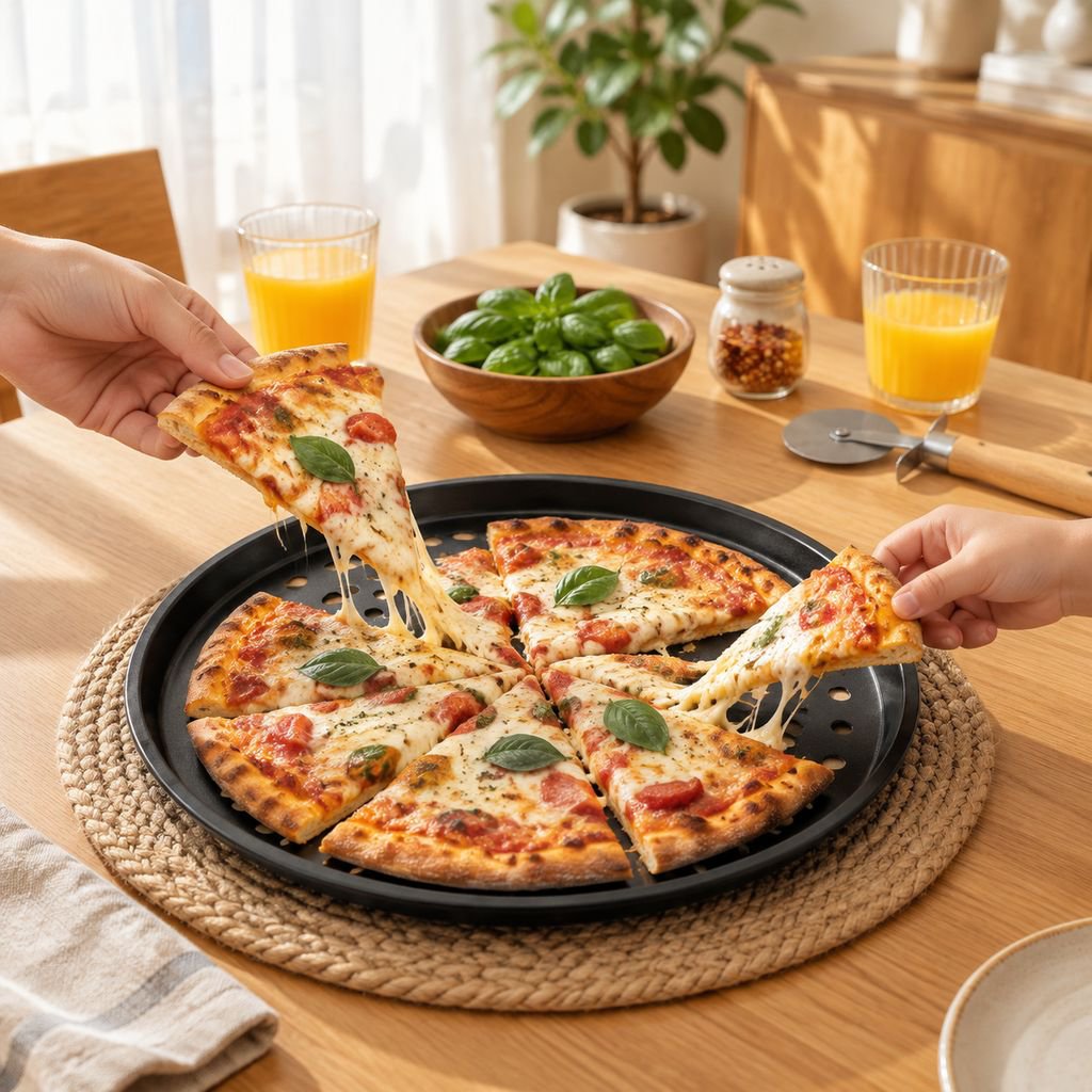 丸型で焦げ付きにくい厚手のピザパン。家庭用および業務用ベーキングに適しています。