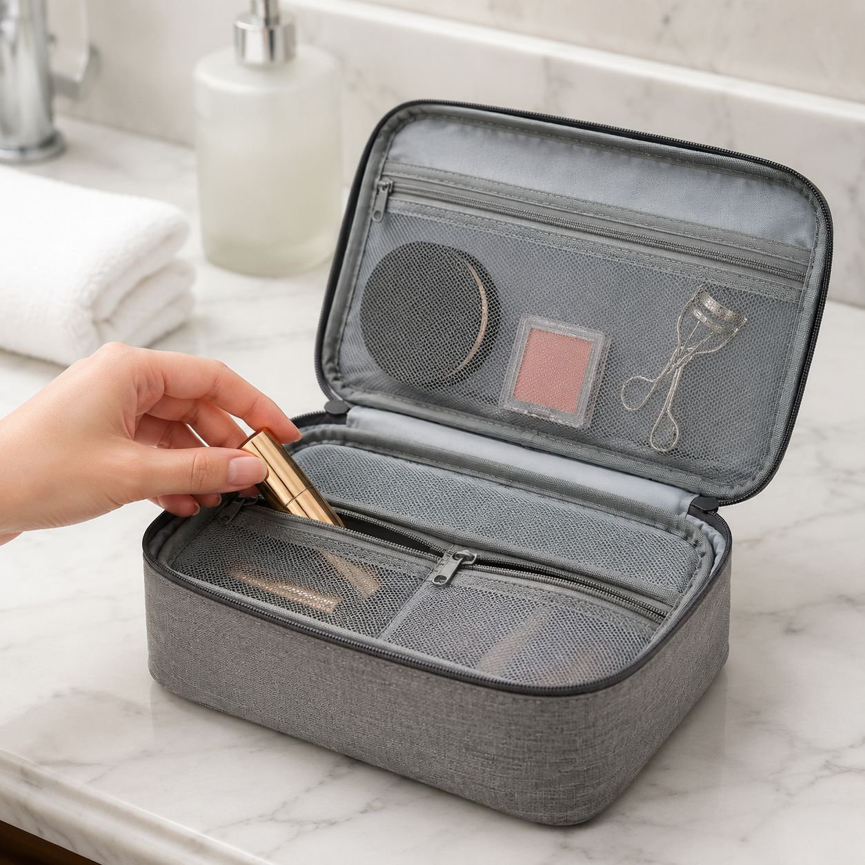Multifunctional makeup bag open with organized compartments