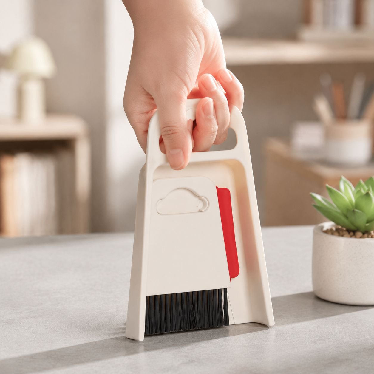 Small broom and dustpan cleaning office keyboard