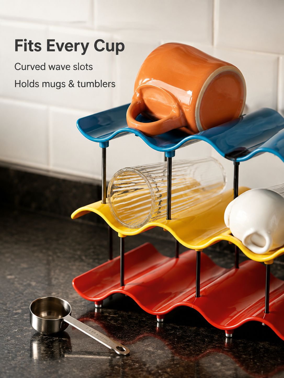 Wave-shaped organizer shelf in a minimalist kitchen setting