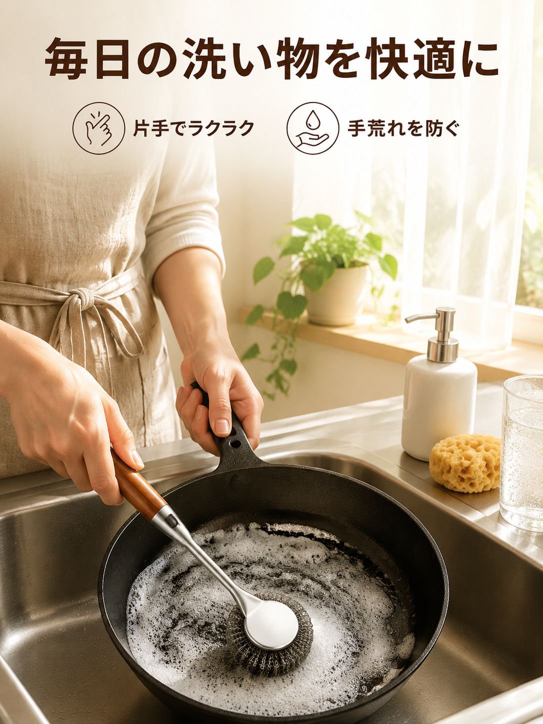 キッチン用ステンレススチールたわし 長柄クリーニングブラシ