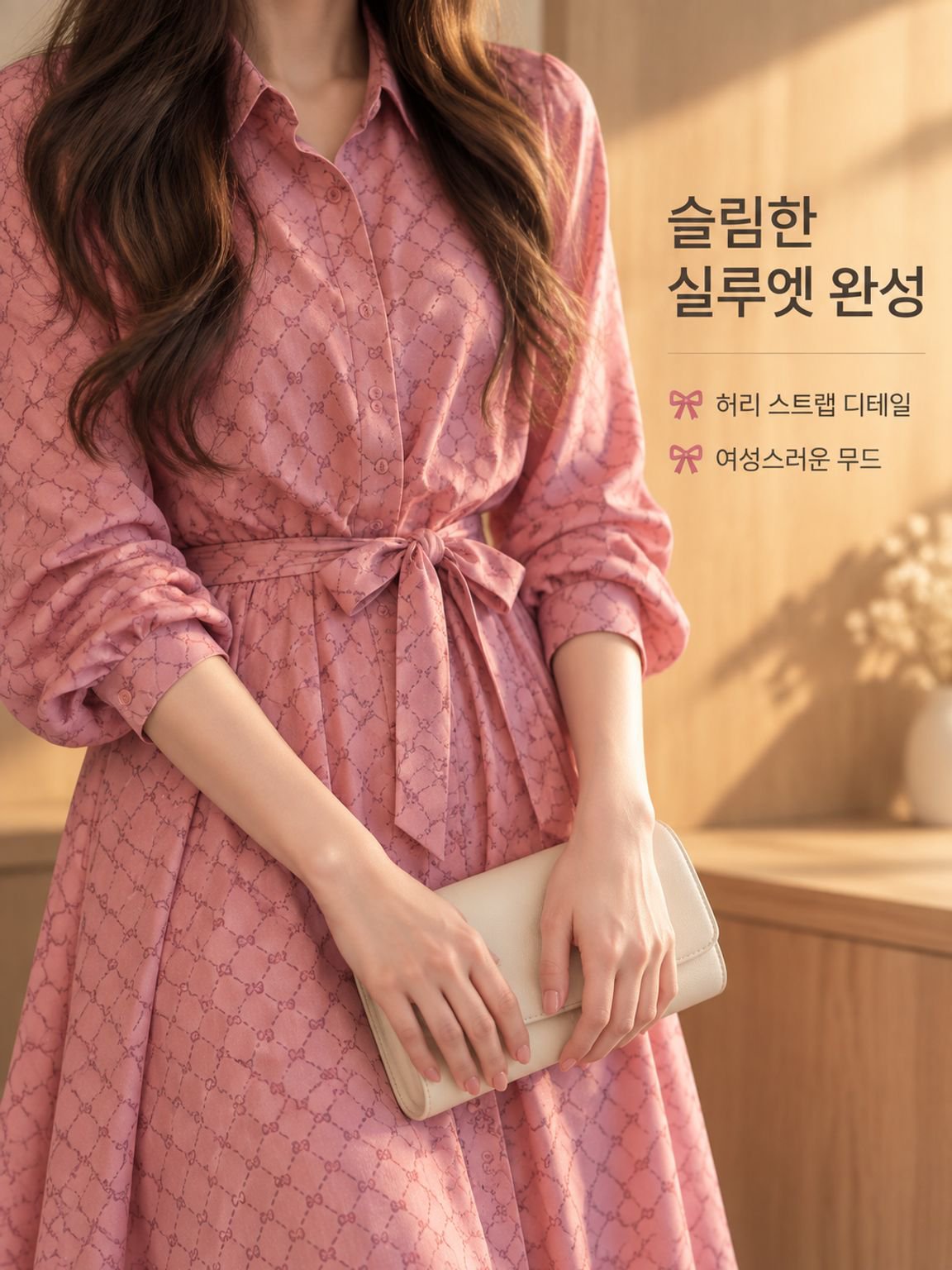 여성 긴팔 원피스 스타일 초선풍 스커트 핑크 셔츠 원피스 원피스