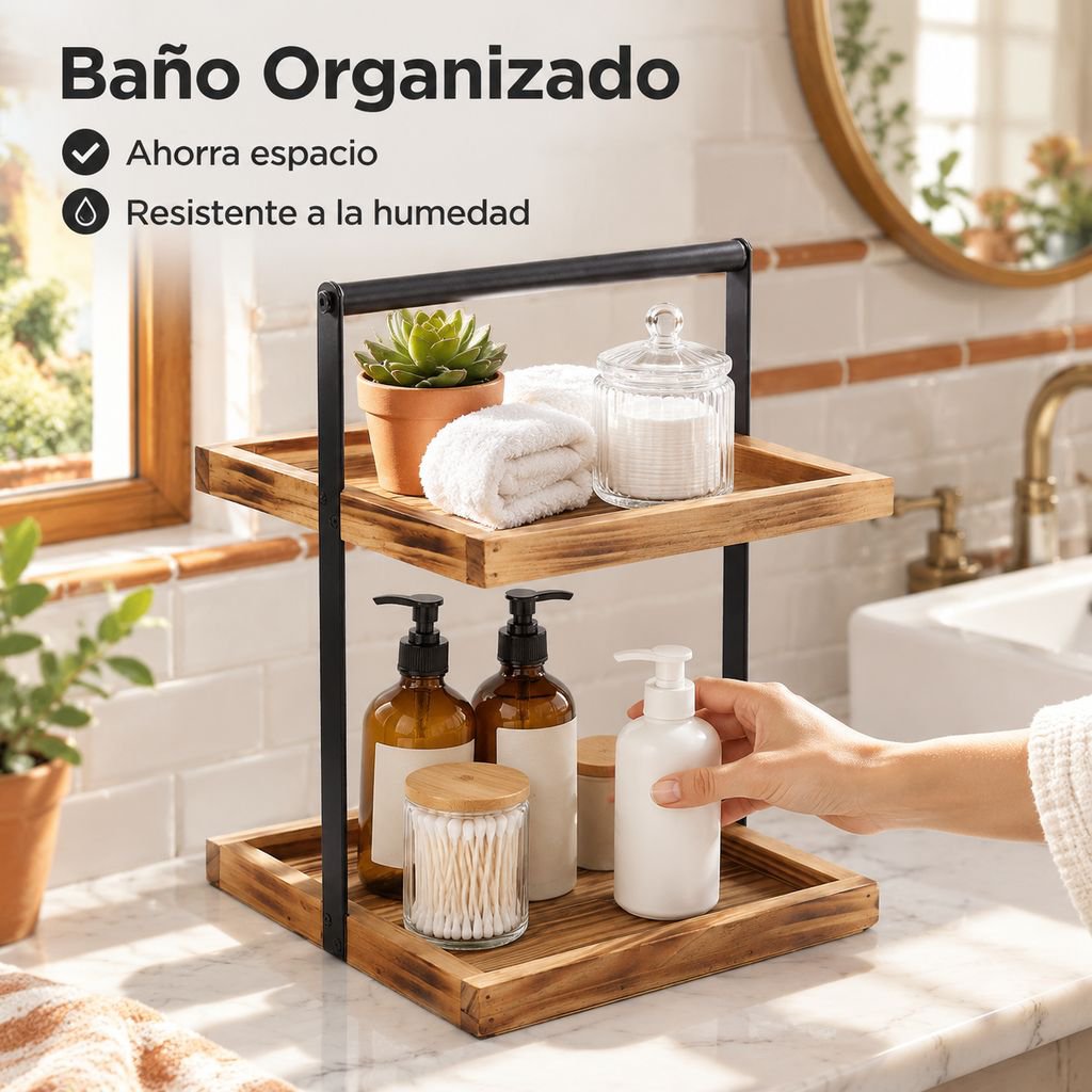 Estante de baño transfronterizo Estante de almacenamiento de doble capa combinado con hierro y mader