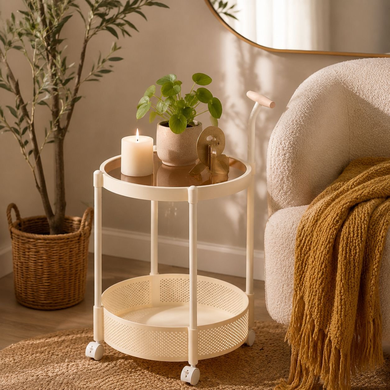 Luxury side table with sturdy wheels and glass design