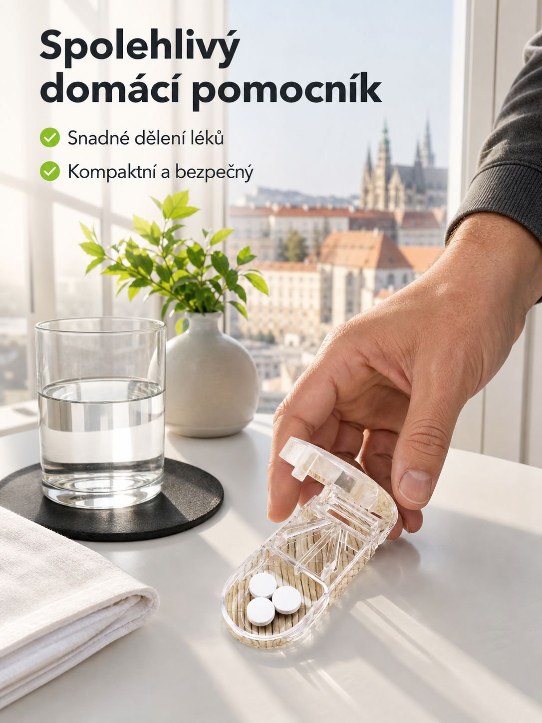 Přenosná krabička na řezání a skladování léků