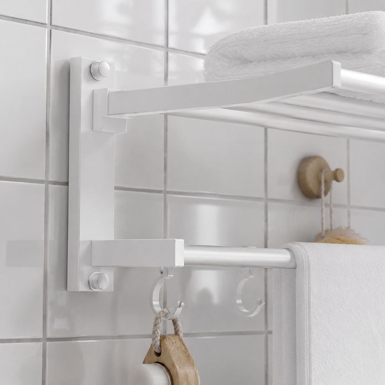 Bathroom towel organizer shelf with hooks for extra storage