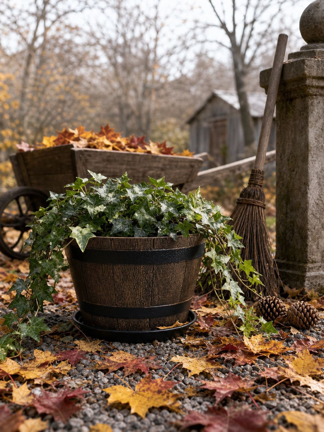 Wooden barrel look plastic flower planter