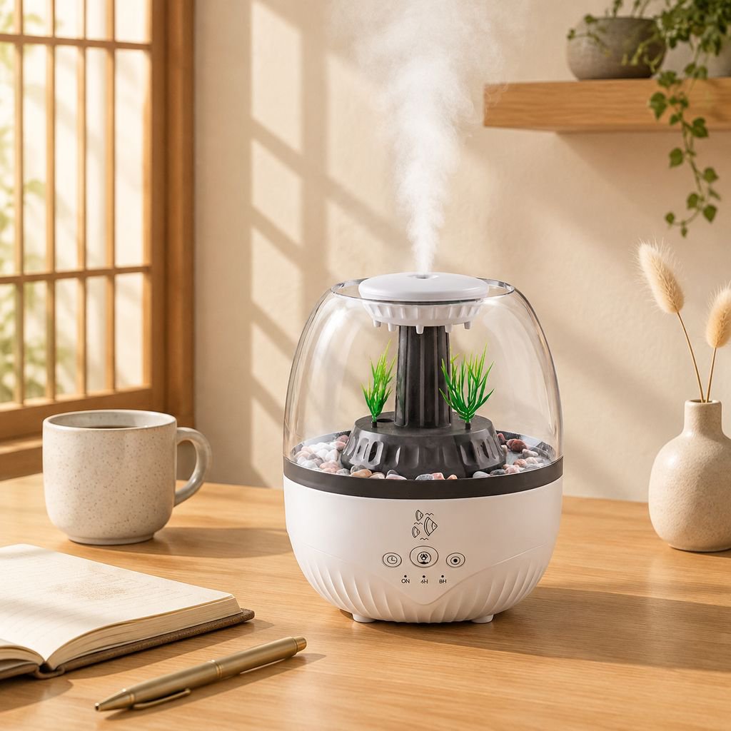 水景風アロマ加湿器、超静音設計、7色LEDライト、タイマー機能付き、快適なデスク空間を演出