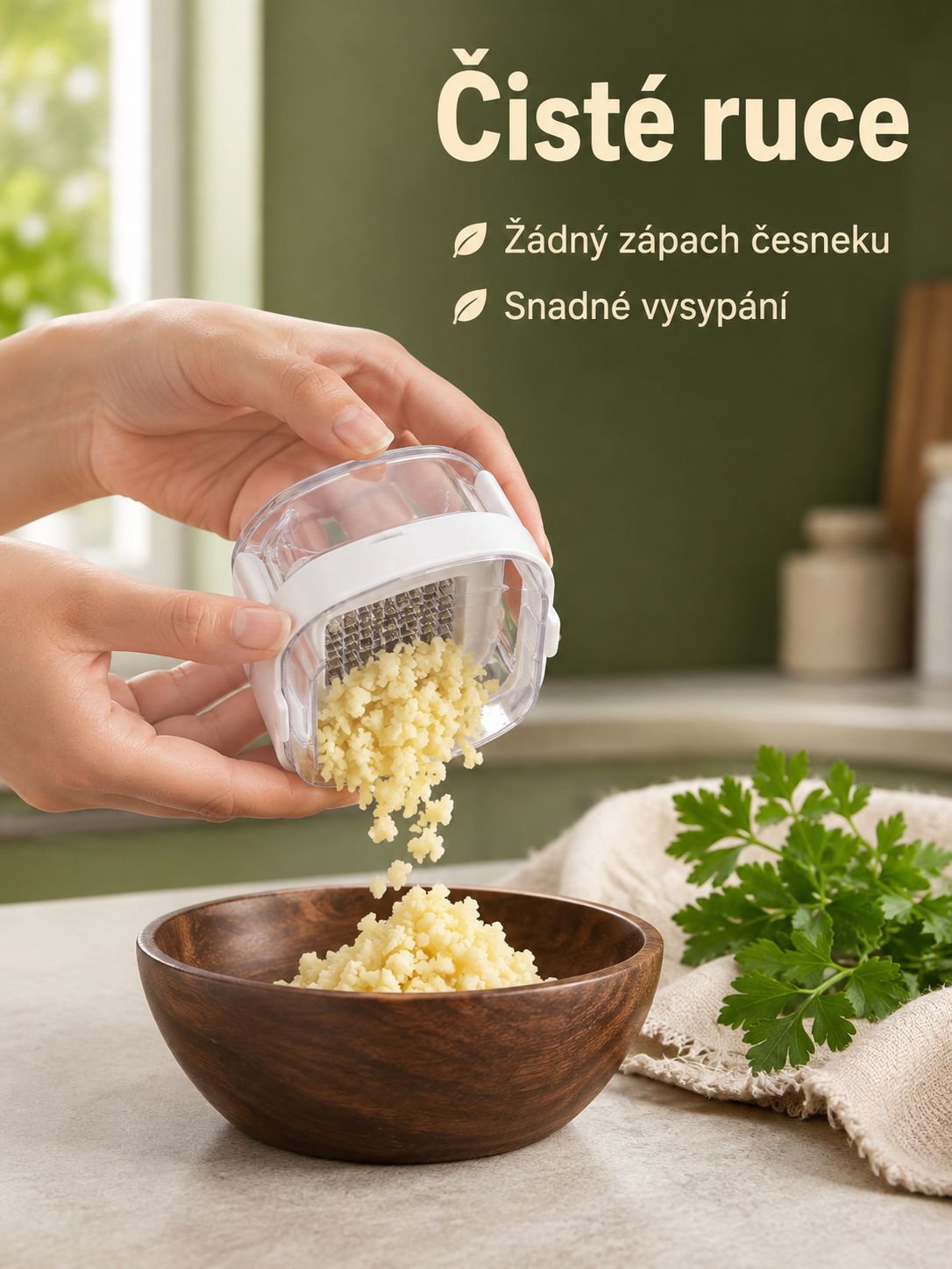 Kuchyňský lis na česnek v akci