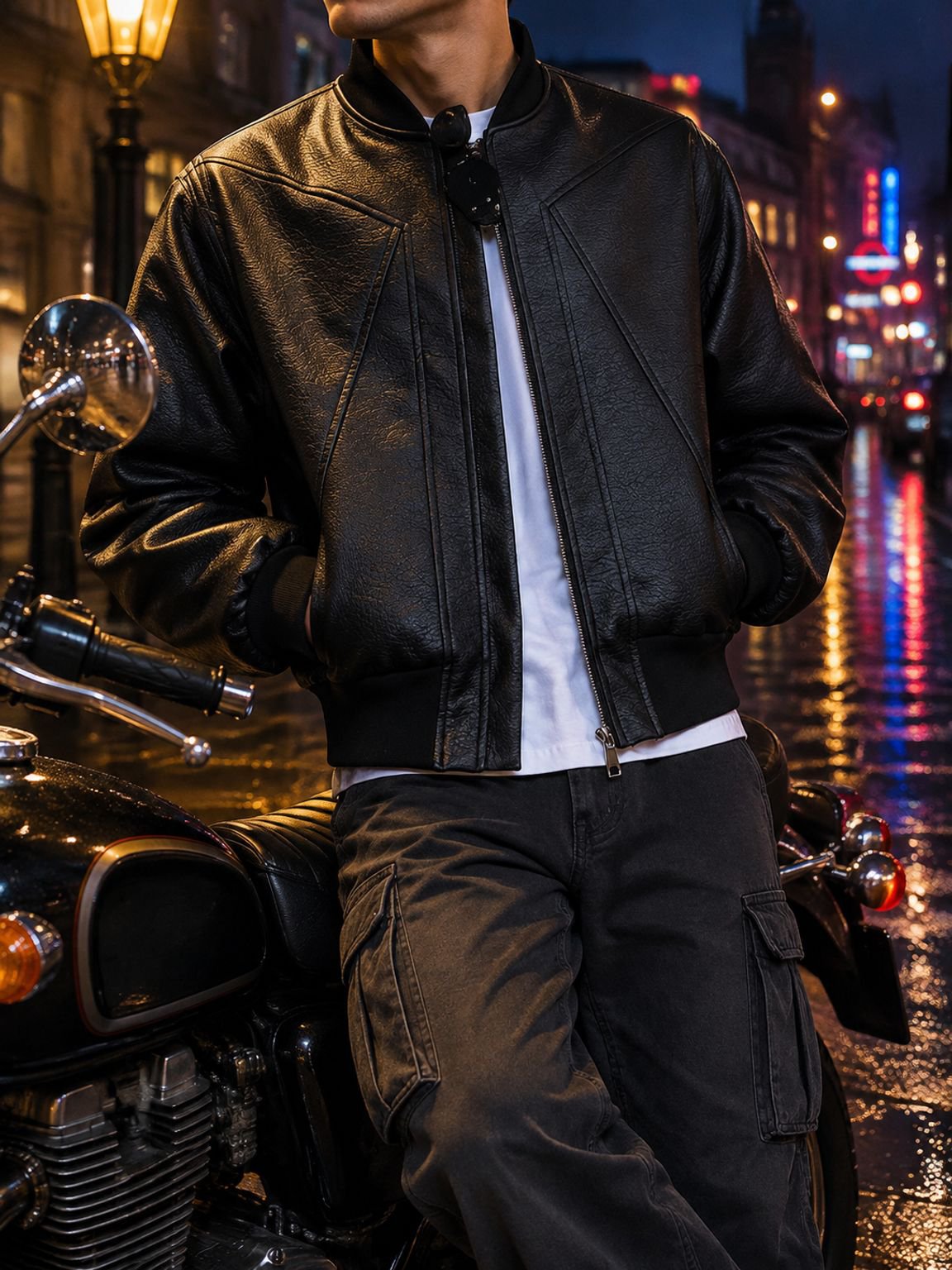 Men's stylish PU leather jacket with baseball collar