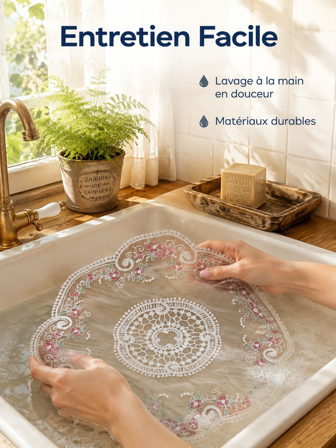Design classique de nappe brodée avec détails en dentelle